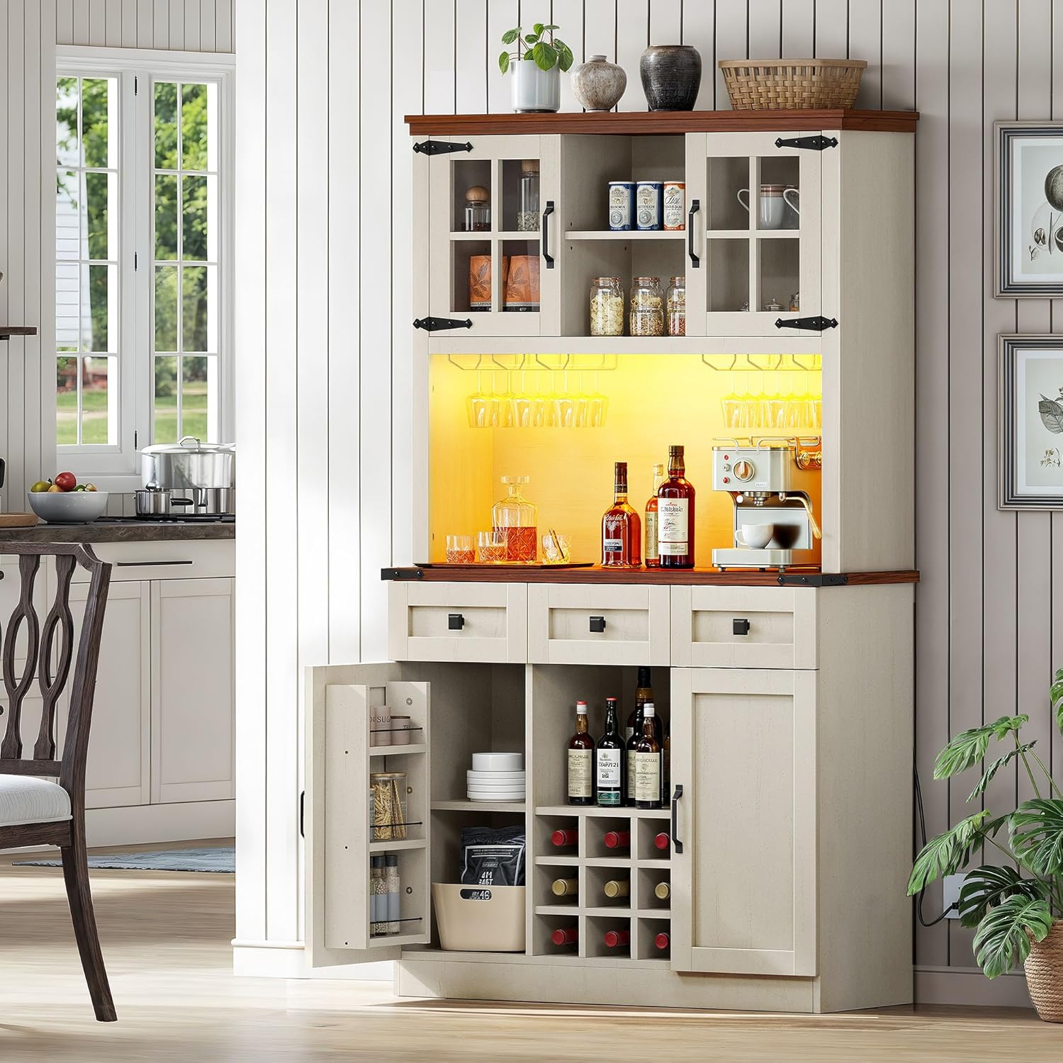 Antique White Coffee Bar Cabinet with Storage Shelves and 3 Drawers P179661