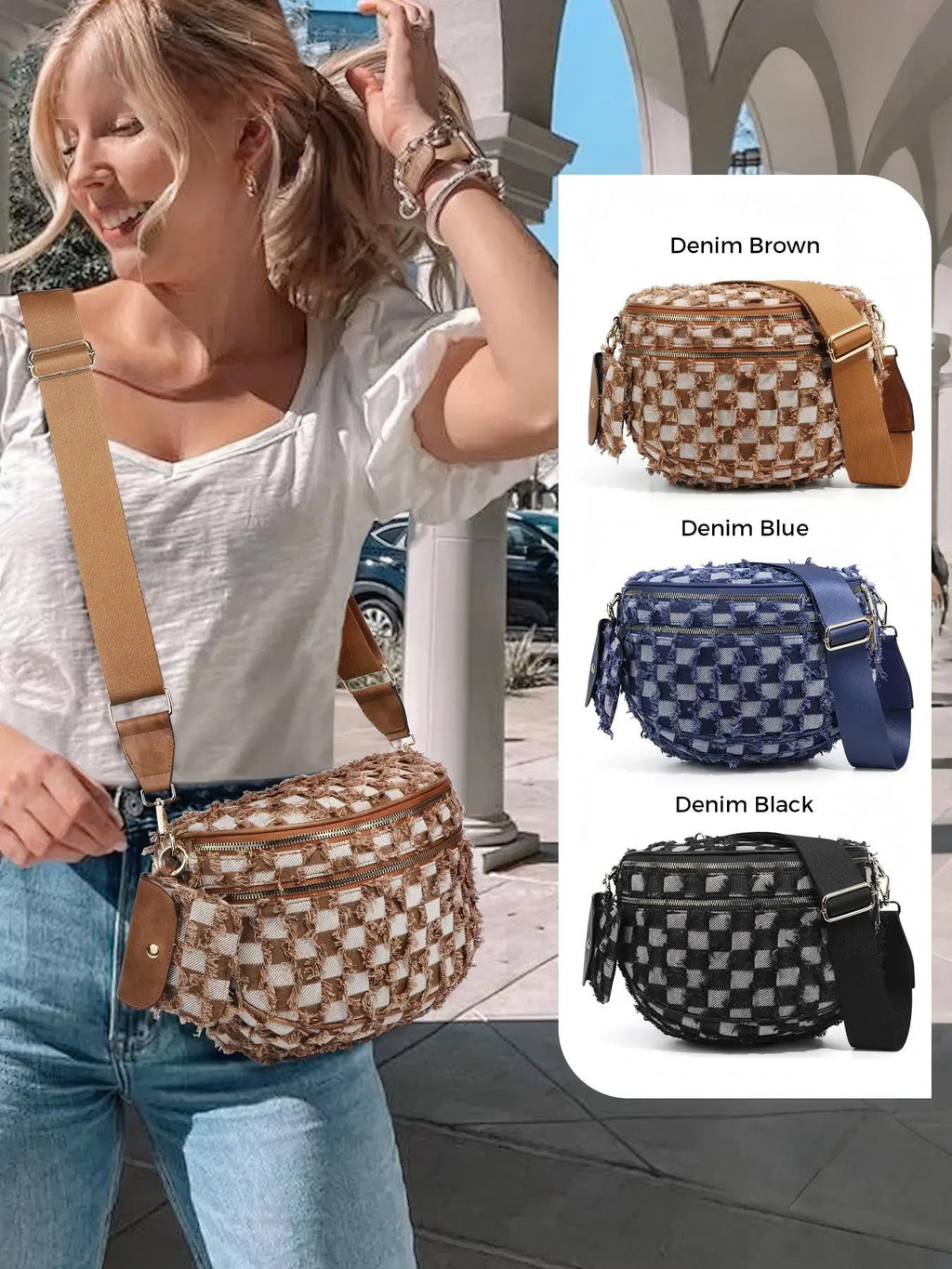 Ounamei Checkered Crossbody Bum Bag for Women Large Capacity Belt Bag for Moms & Everyday Travel