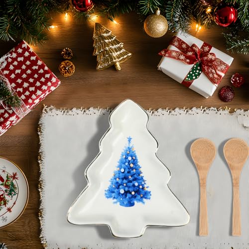 2 Pcs Christmas Dinner Platter Ceramic Serving Dishes with Wooden Spoon Serving Platters Bowl P7162