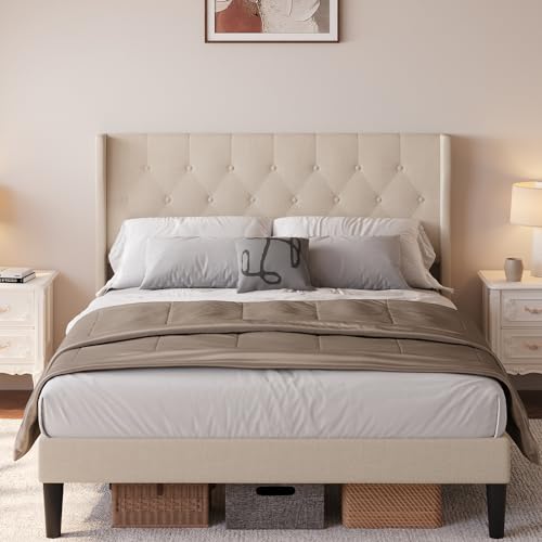 Beige Queen Size Upholstered Bed Frame with Headboard E45341