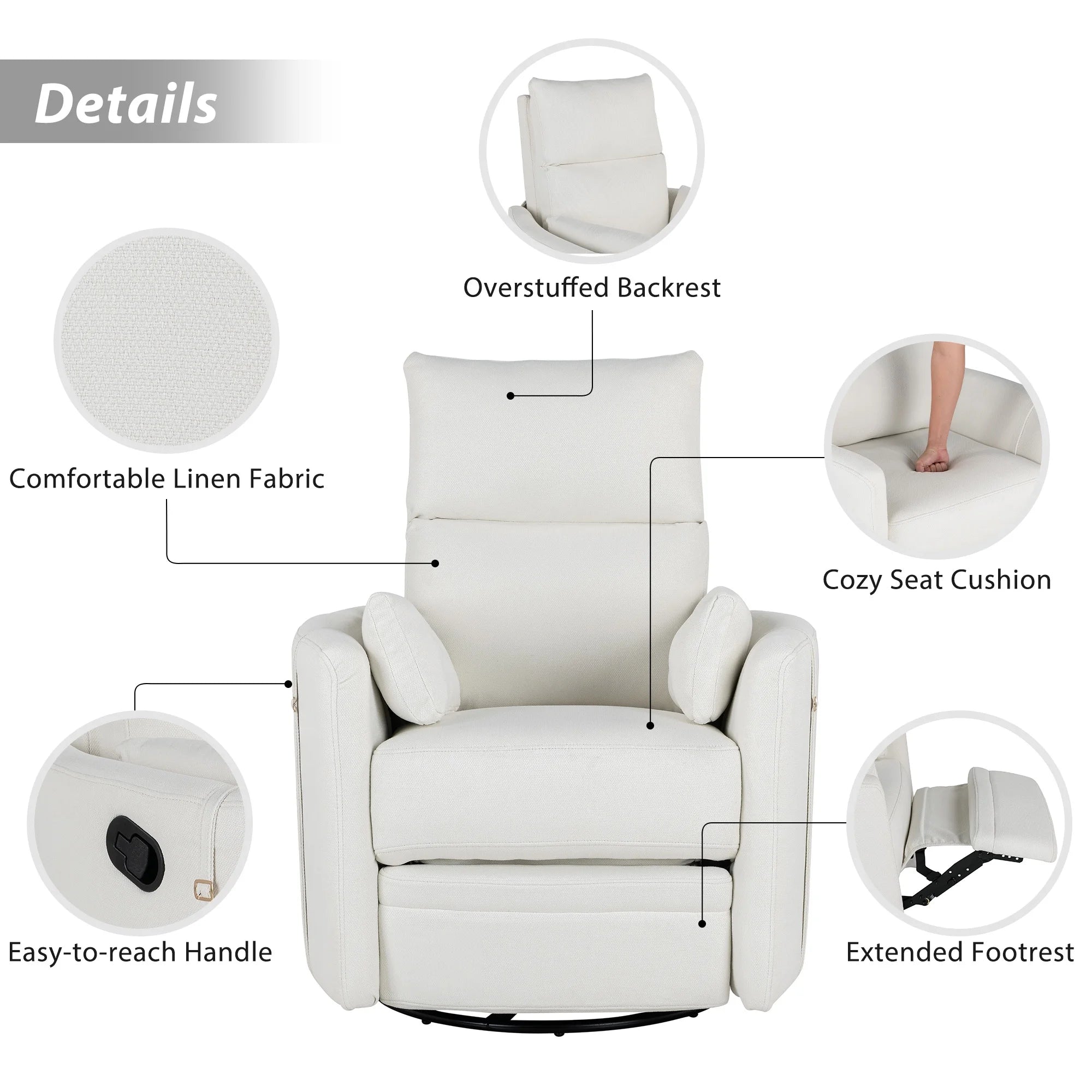 Beige Manual Swivel Glider Recliner Chair with Two Removable Pillows L58108