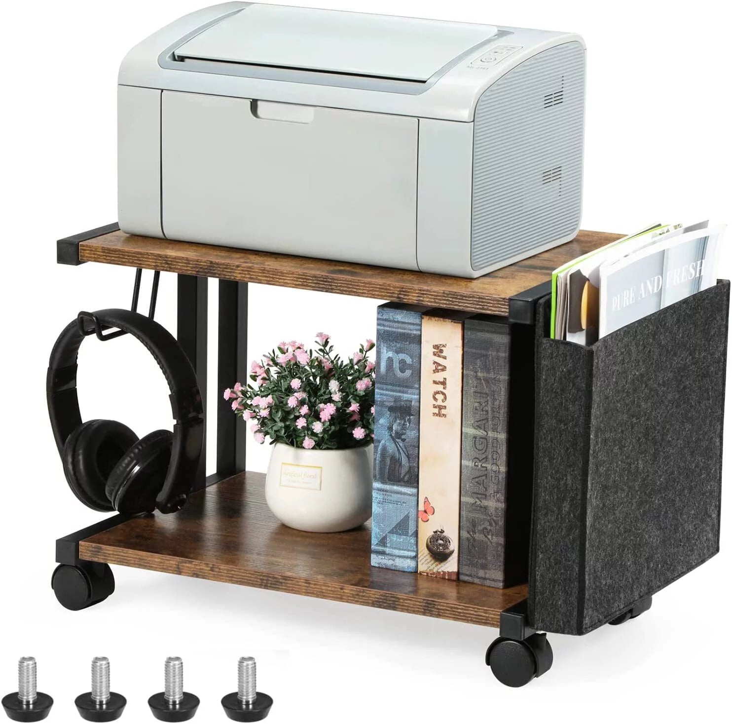 2-Tier Mobile Printer Stand Shelf with Storage Under Desk Printer Cart U47882