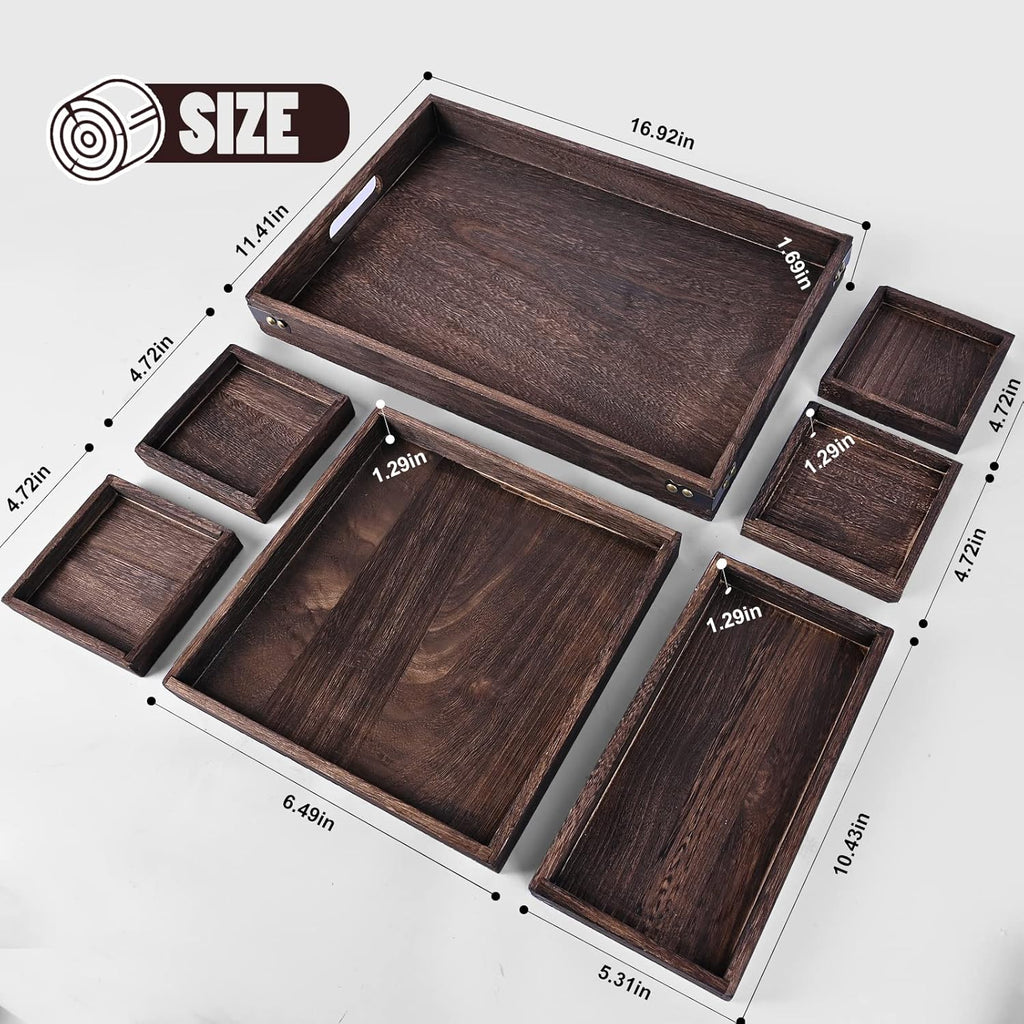 Set of 7 Rectangular Wooden Nesting Serving Trays with Handles B927