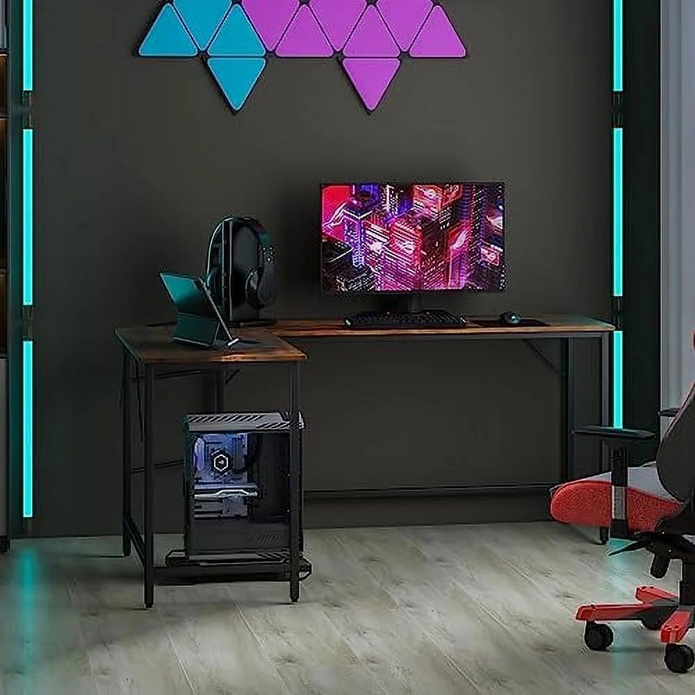 L-Shaped Desk with CPU Stand 66 Inch Wooden Metal Frame Black F7595