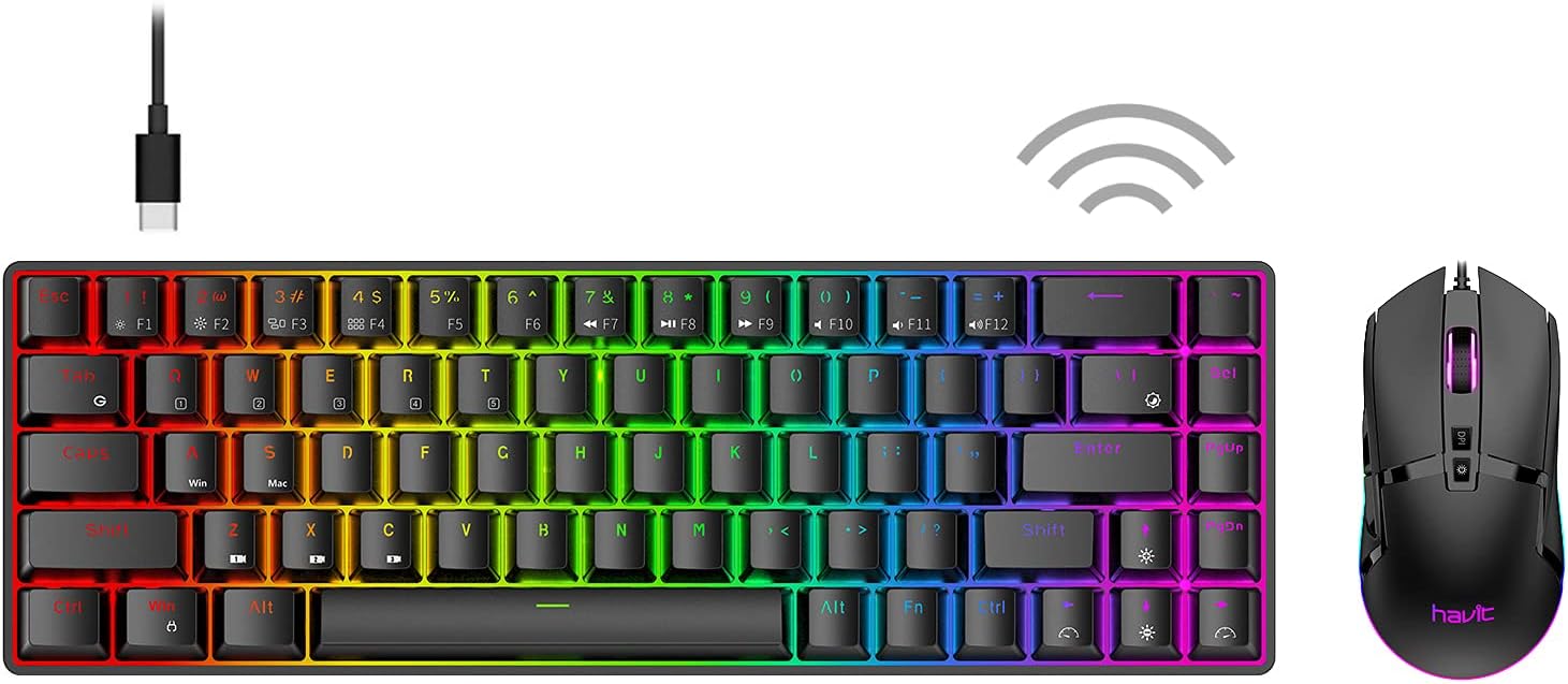 60% Wireless Mechanical Keyboard and Wired Mouse, Bluetooth 5.1 & Type C Wired 68 Keys Gaming Keyboard Brown Switch, Programmable Gaming Mouse (Black) Q422