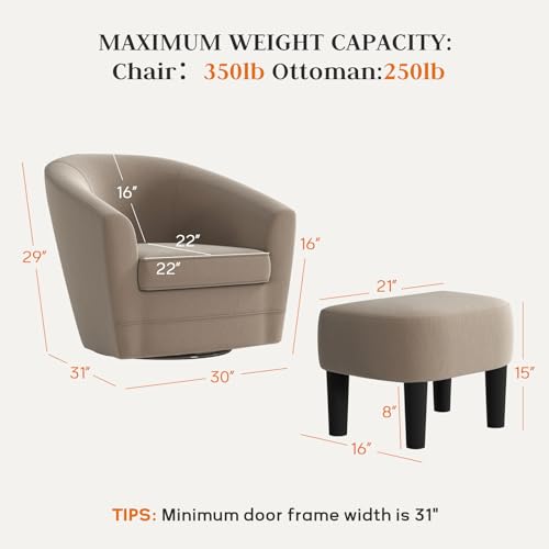 Swivel Accent Chair with Ottoman Set of 2, Soft Velvet Barrel Chair with Footrest F548667