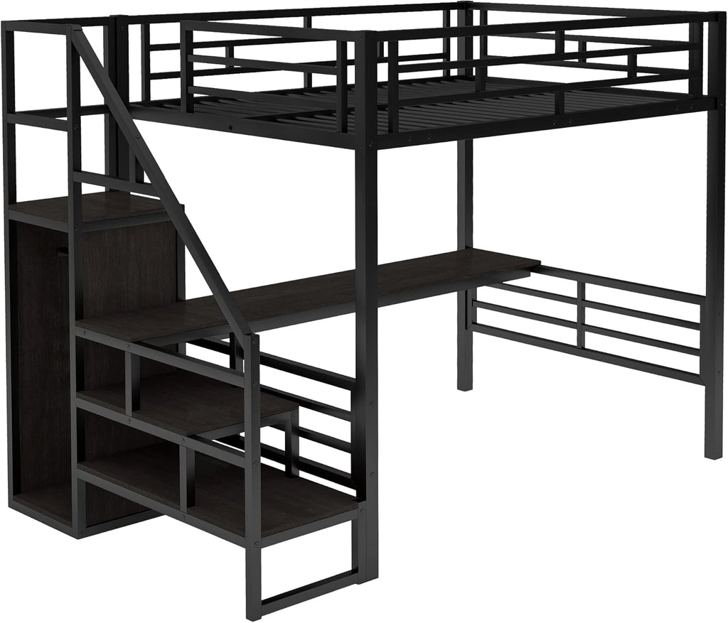 Black Full Size Metal Loft Bed with Desk and Wardrobe P72499