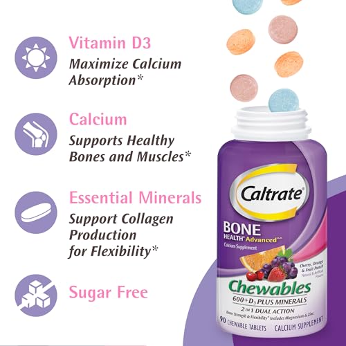 Caltrate Chewables 600 Plus D3 Plus Minerals Calcium Vitamin D Supplement, Cherry, Orange and Fruit Punch - 60 Count V27255