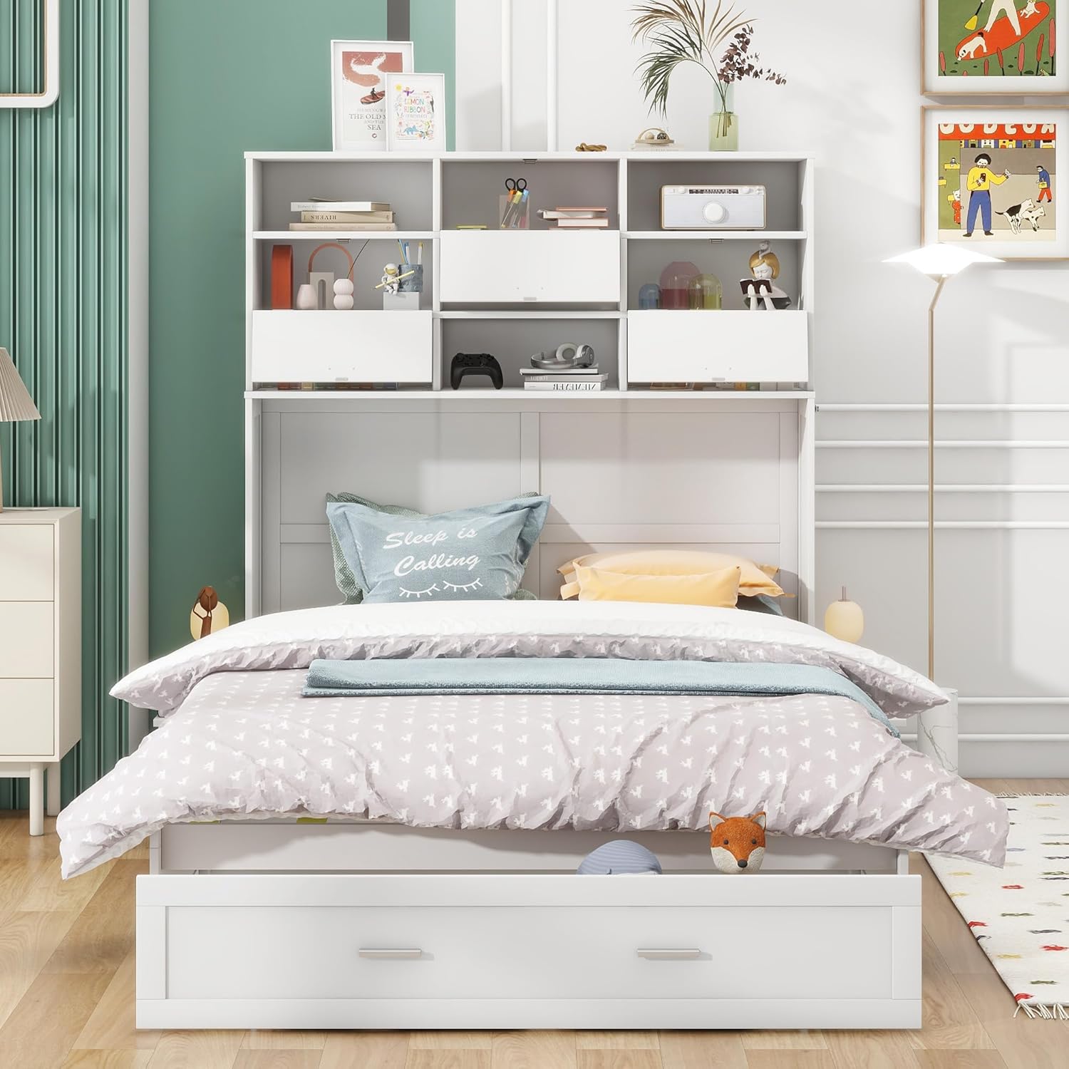 White Queen Murphy Bed Cabinet with Bookcase and Drawer G830