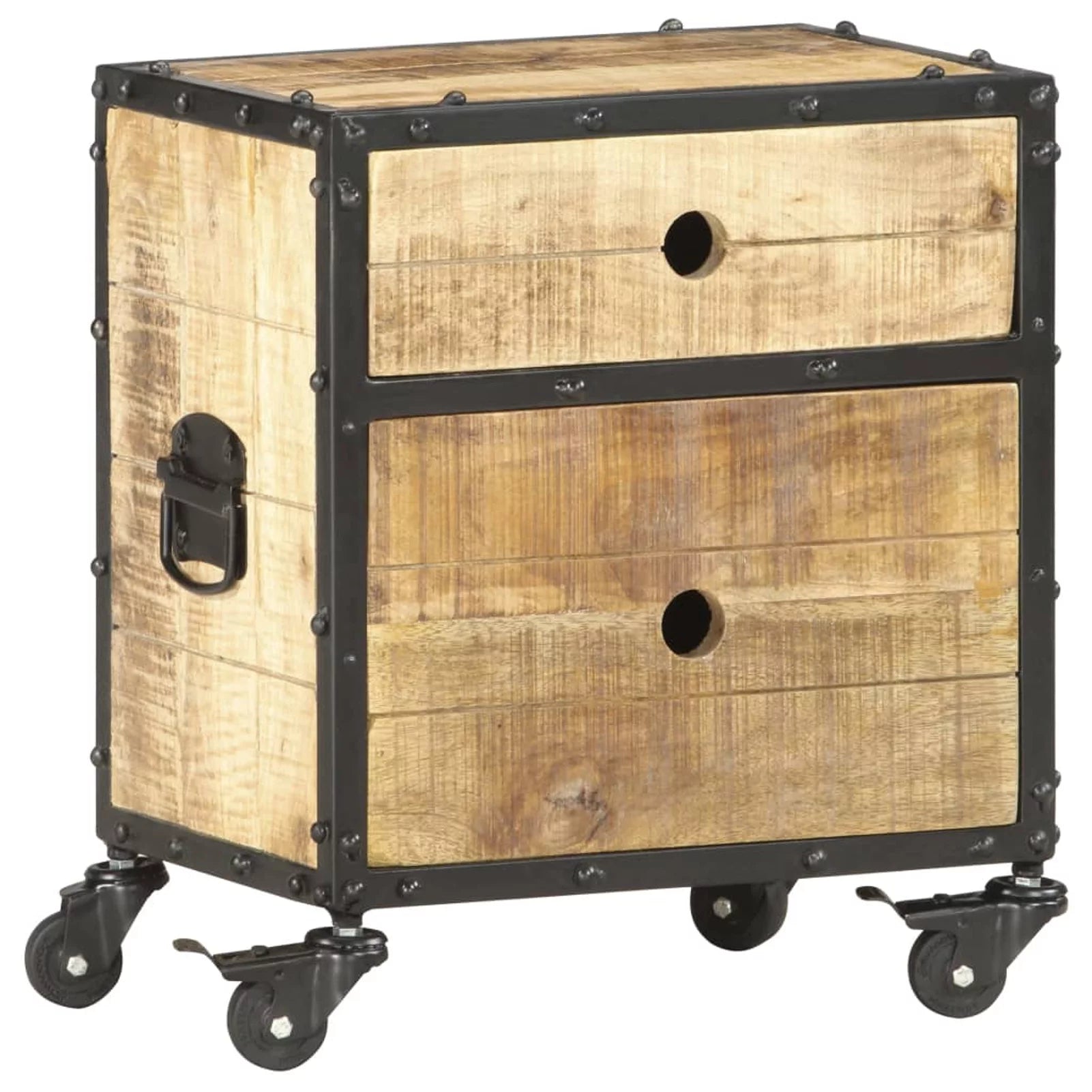 Bedside Cabinet with 2 Storage Drawer and Wheels Rough Mango Wood 15.7 x 11.8 x 19.7 Inches Z5992