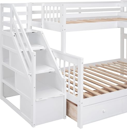 Twin-Twin Over Full Triple Bunk Bed with Storage Stairs, Wardrobe and Desk, Solid Wood L-Shaped 3 Bunk Bed with Ladder, Shelves, Headboard, Guardrail (Grey) H7213