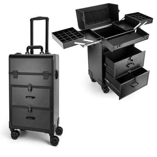 Black Rolling Makeup Train Case with Swivel Wheels U398531