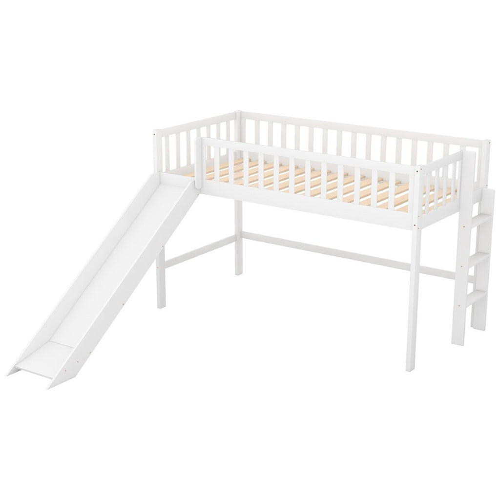 White Wooden Low Loft Bed with Slide and Ladder B199