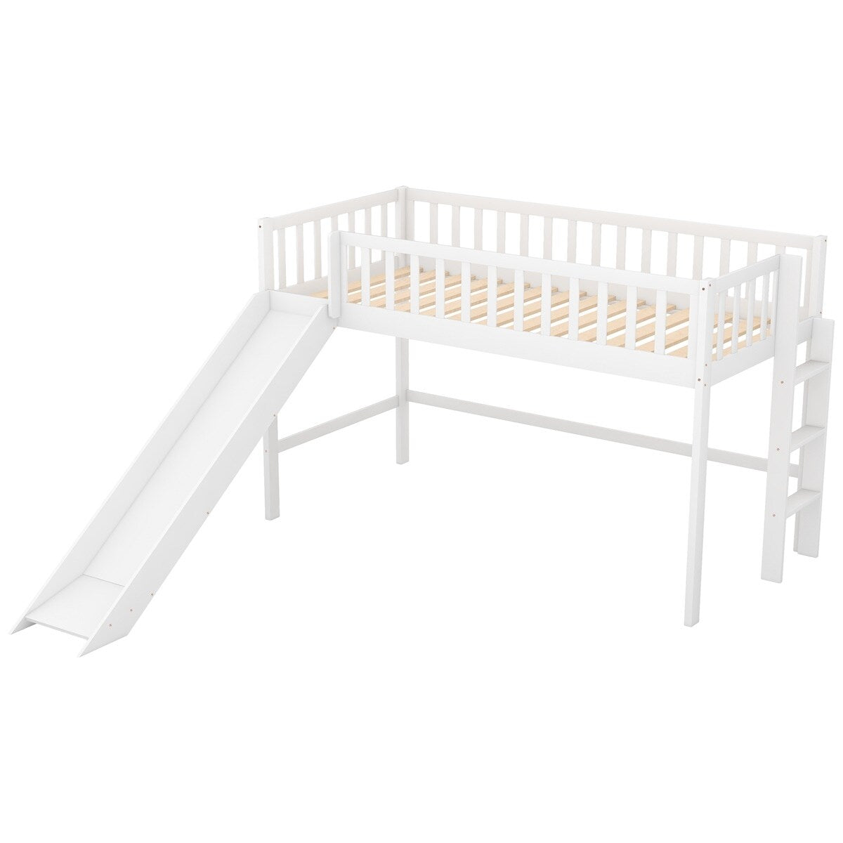 White Wooden Low Loft Bed with Slide and Ladder B199