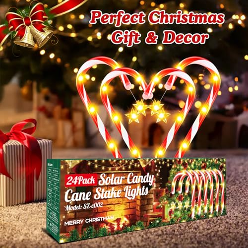 24-Pack Solar Christmas Candy Cane Lights, 144 LED O3812