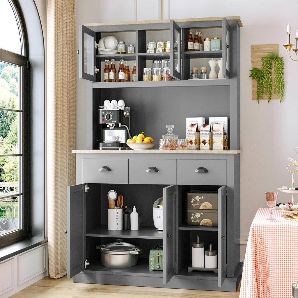 Grey Kitchen Hutch Storage Cabinet with Countertop and Drawers Q61269