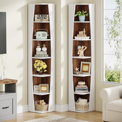 White and Walnut 6-Tier Corner Bookcase G52086