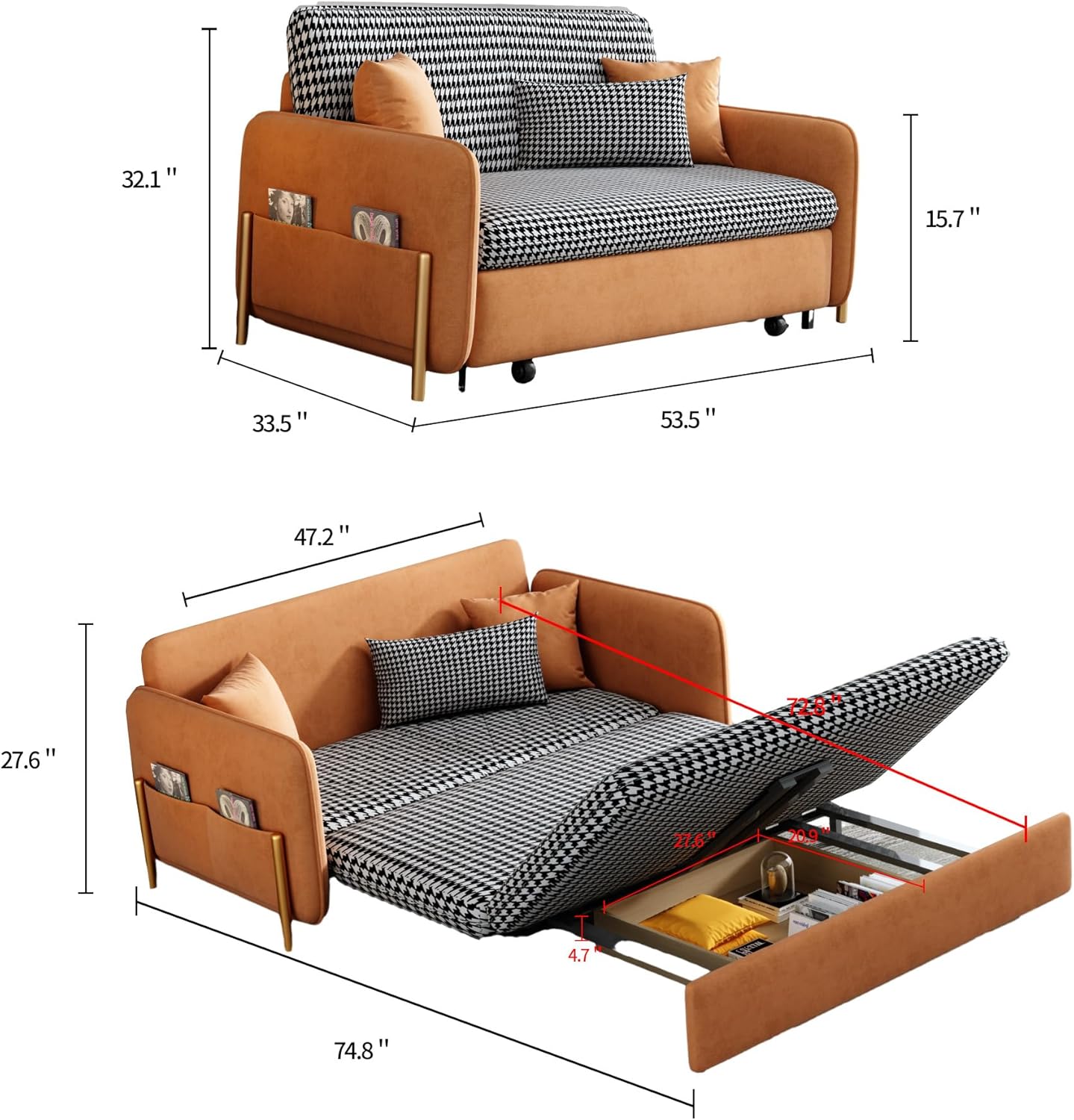 Orange Velvet Convertible Sleeper Sofa Bed U712