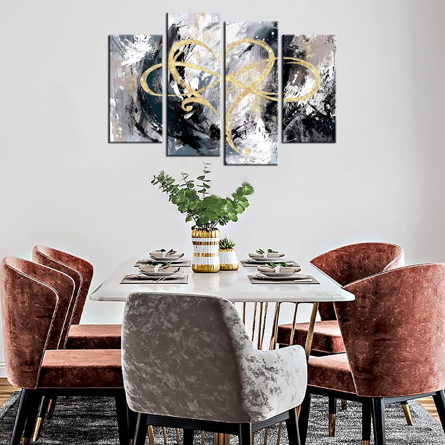 4 Panel Grey and Gold Canvas Wall Art M68040