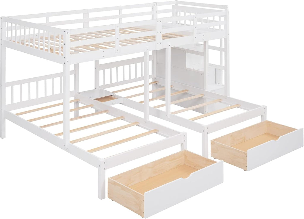 L-Shaped Triple Bunk Beds with Staircase and 2 Storage Drawers V1430
