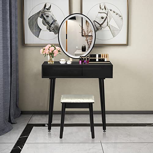 White Vanity Set with Touch Mirror, Cushioned Stool, 2 Sliding Drawers Y705474