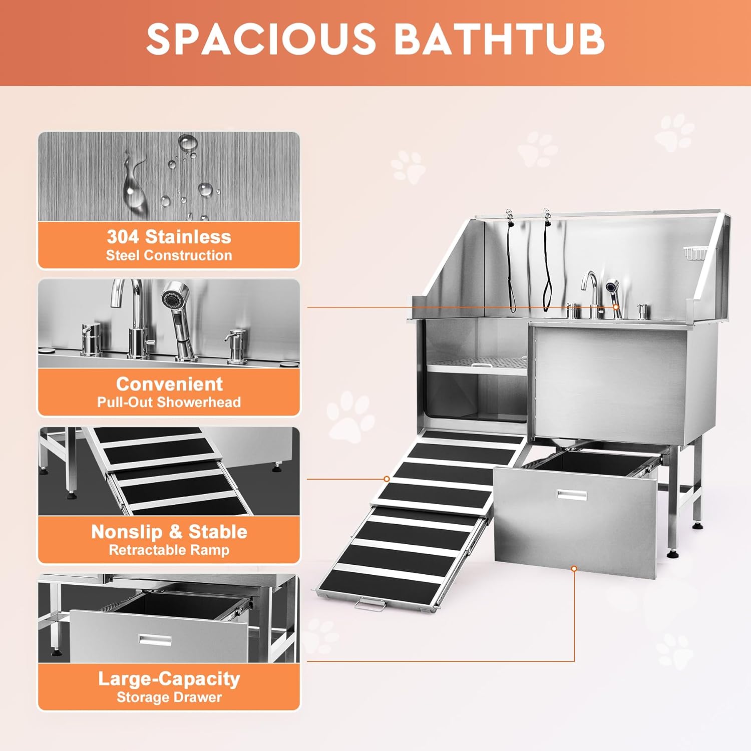 50 in. Stainless Steel Dog Grooming Tub with Ramp F677