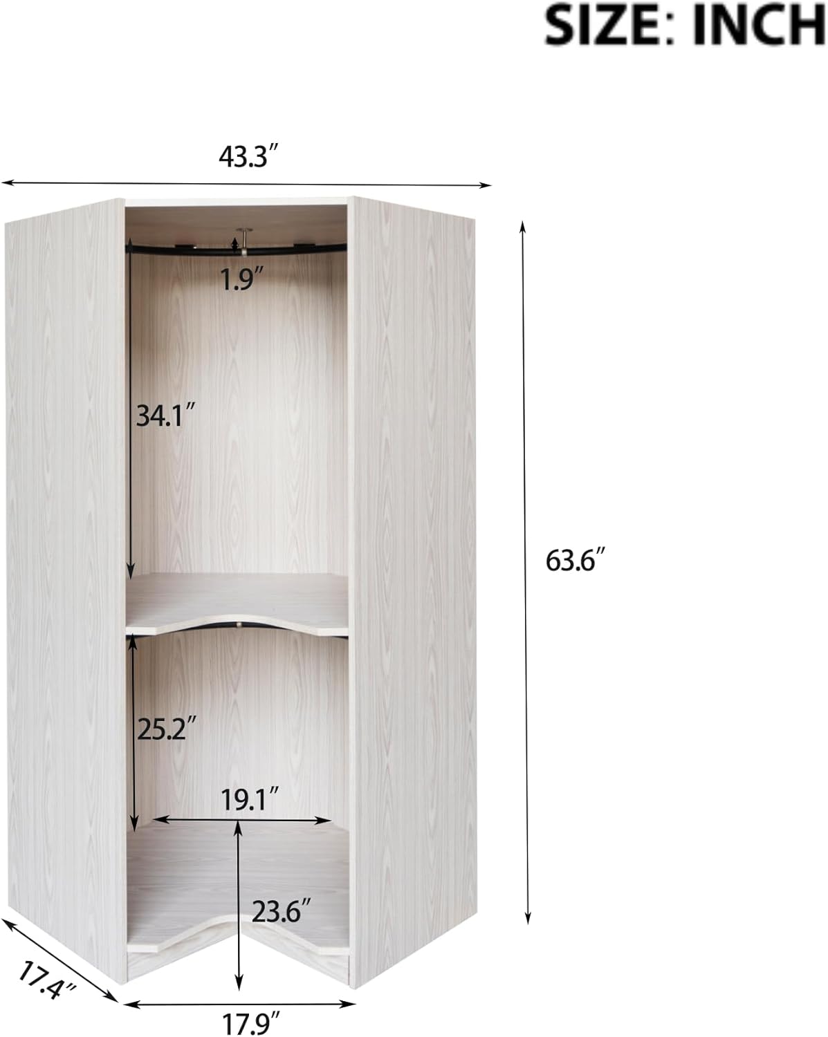 Natural Open Style Wooden Corner Wardrobe Closet with 2 Hanging Rails and Shelves J754274
