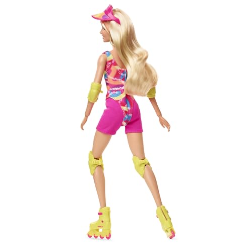 Skating Doll with Neon Outfit, Retro Gymnastics Suit, Pink Biker Shorts, Sun Shield, Neon Green Hoop Earrings, Skating Equipment, Impala Inline Skates E223