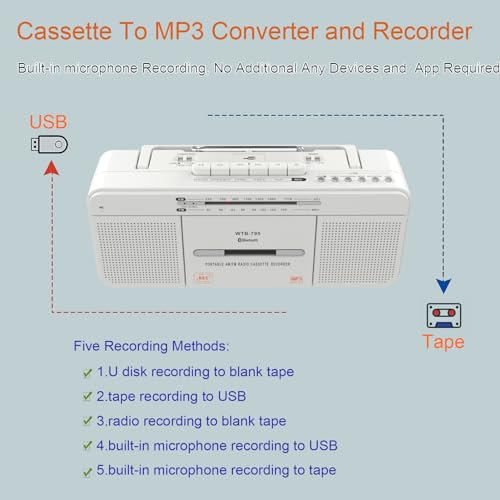 Cassette Player Recorder with Bluetooth, USB, AM/FM Radio Stereo, Portable C570823