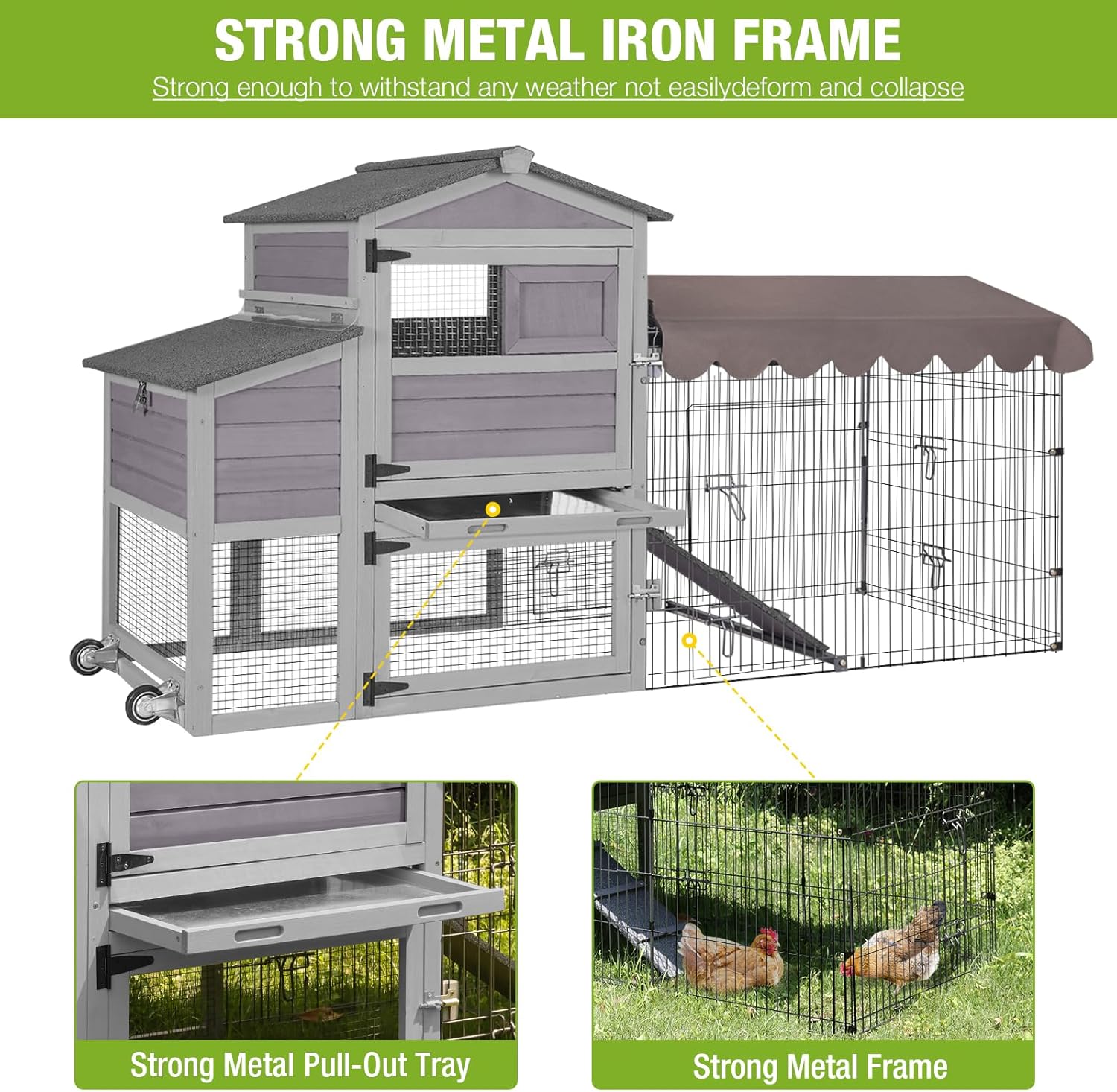 Large All-Steel Frame Chicken Coop with Metal Run J4633