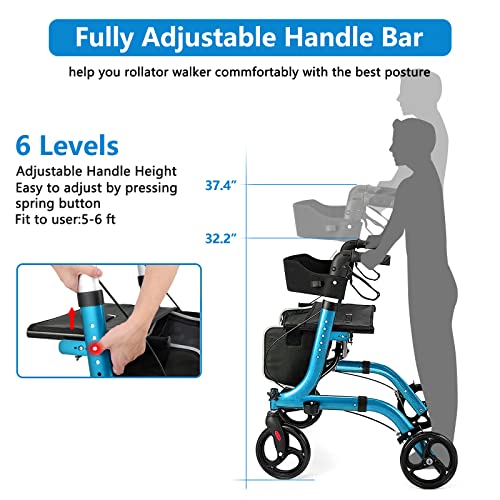 Champagne Lightweight Aluminium Folding Rollator Walker with Seat and 8-inch Wheels C2427