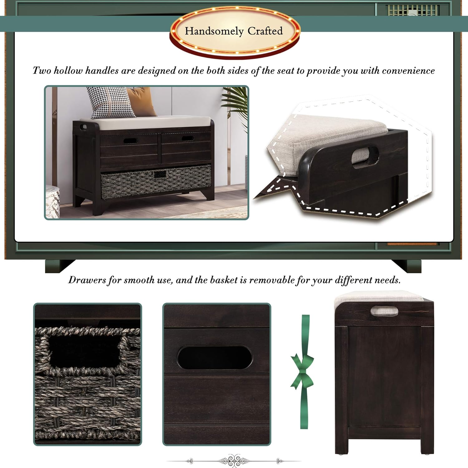 Wood Storage Bench with 1 Basket and 2 Drawers, Removable Cushion, Espresso E95442