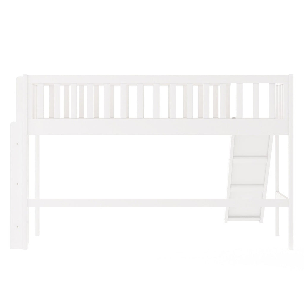 White Wooden Low Loft Bed with Slide and Ladder B199
