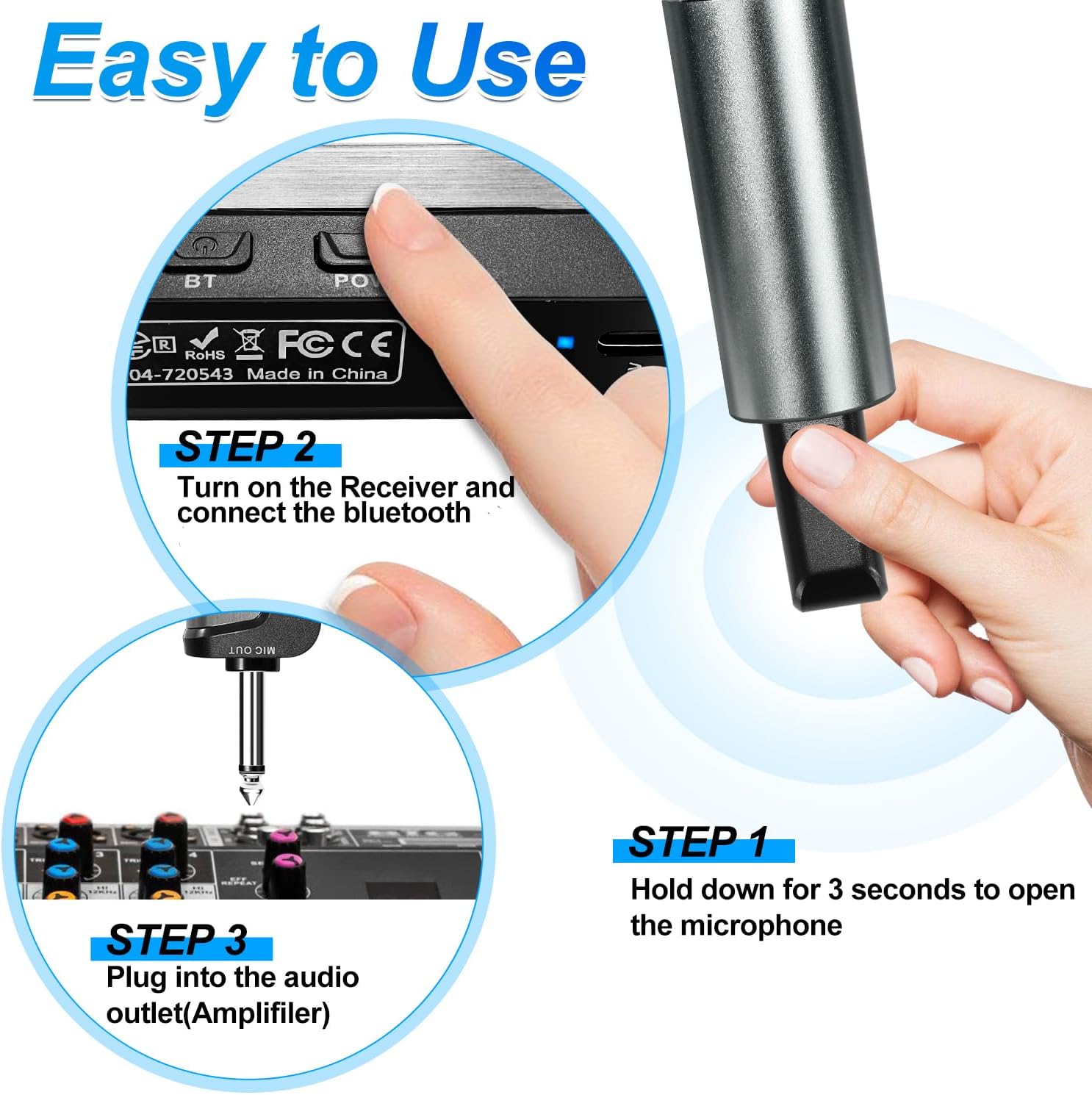 Wireless Handheld Dynamic Cordless Microphone with Rechargeable Bluetooth Receiver, UHF 200 FT Range, 6.5mm/3.5mm Output O430