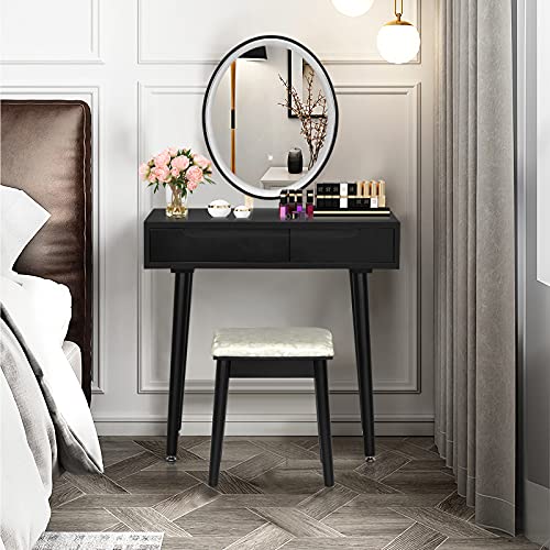 White Vanity Set with Touch Mirror, Cushioned Stool, 2 Sliding Drawers Y705474