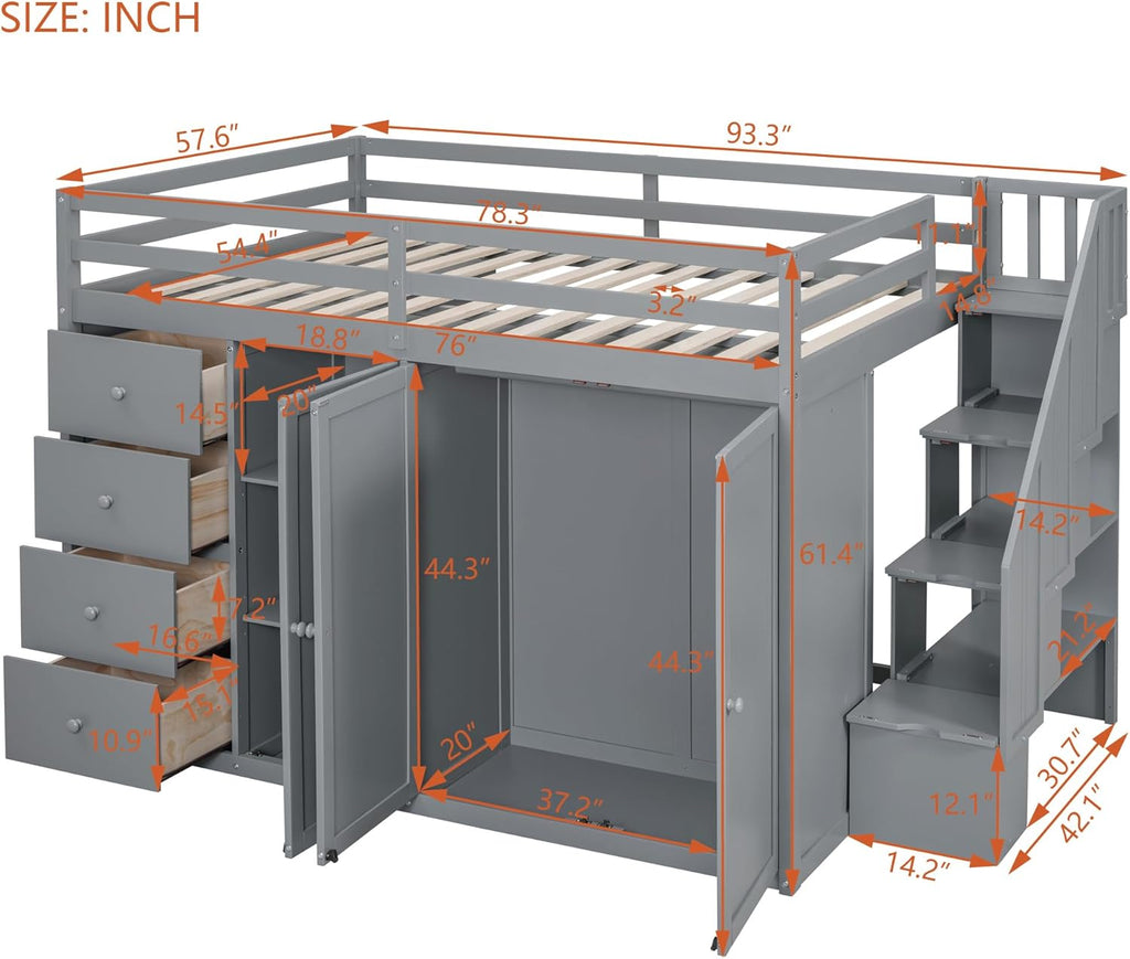 Gray Wooden Loft Bed with Storage Space G307