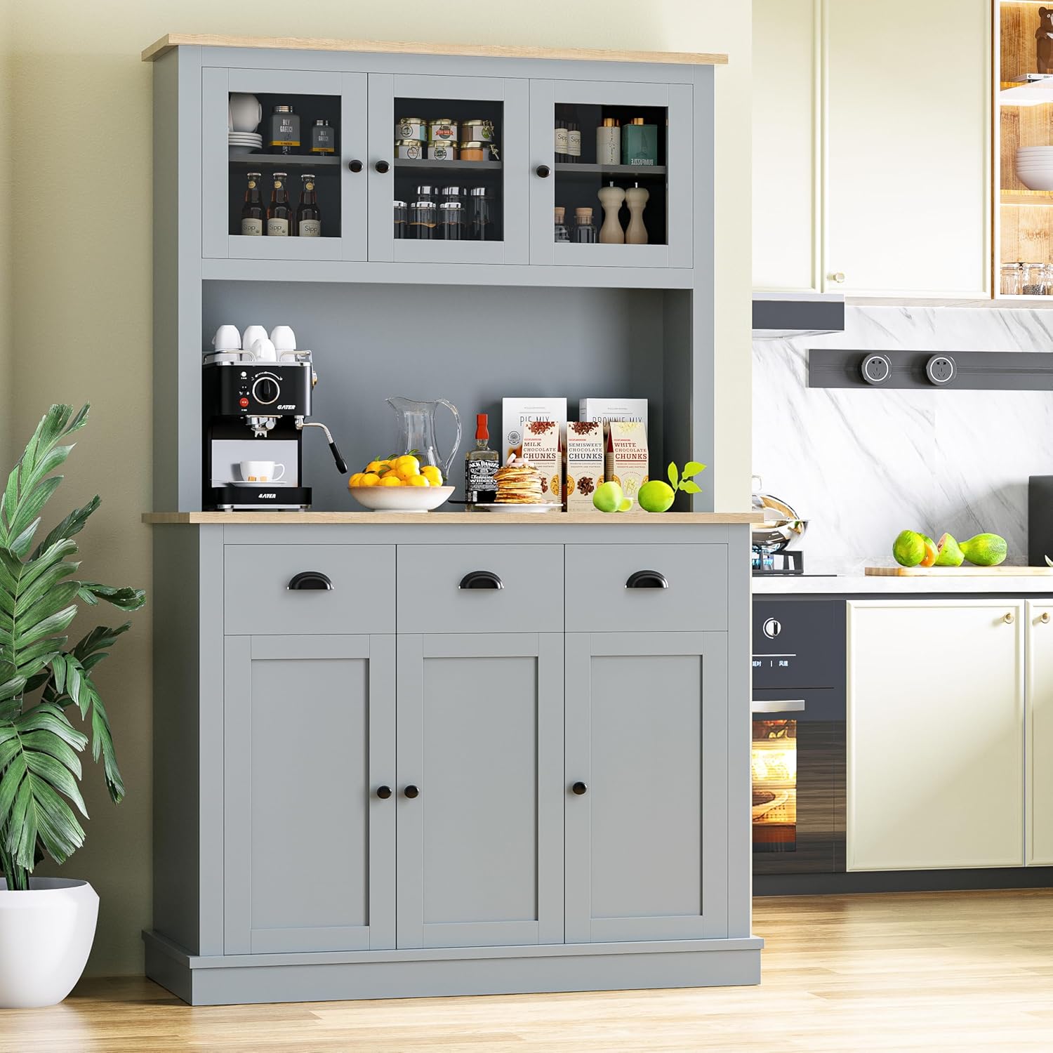 Grey Kitchen Hutch Storage Cabinet with Countertop and Drawers Q61269