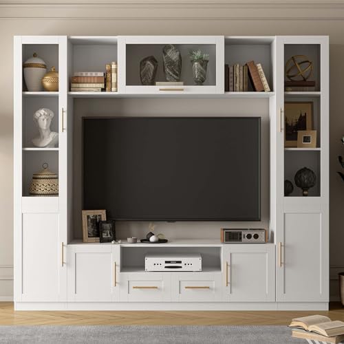 White TV Stand with Glass Doors & Shelves E546