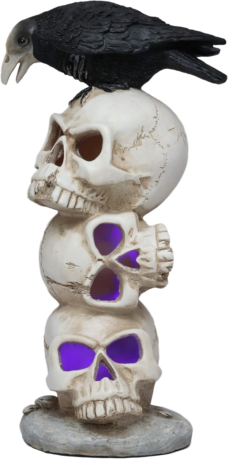 Gothic Raven Crow Bird Perching On Pole Totem Stacked Skulls with Color Changing LED Night Light Statue 11.75" Tall Skull Macabre Ossuary Figurine W60155