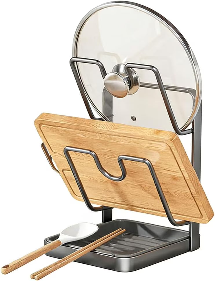 Stainless Steel Pot Lid Storage Rack with Removable Drip Tray J12427