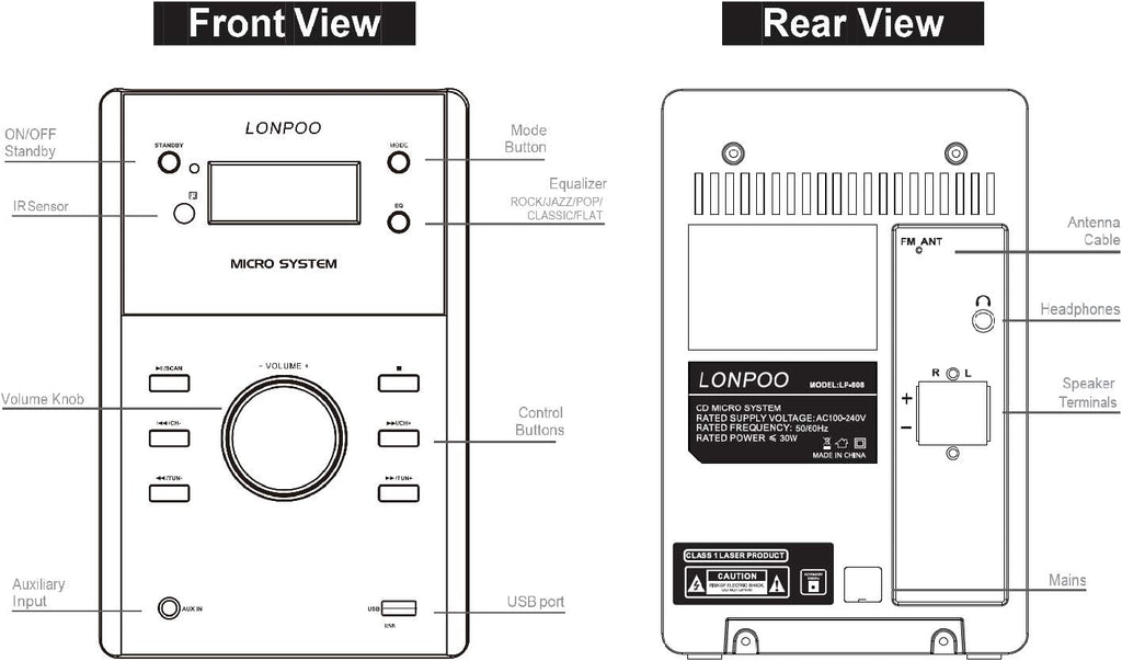 Micro Shelf System with CD Player, Bluetooth, FM Radio, USB Port, AUX-in, Remote Control, LED Display B9004