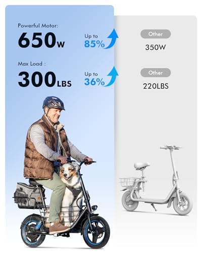 Electric Scooter with Seat & Pet Basket - 30 Miles Range 650W Motor 48V 13.5Ah Battery 18.6MPH 14" Pneumatic Tires Foldable Design Dual Shock Absorbers 300lbs Capacity P813