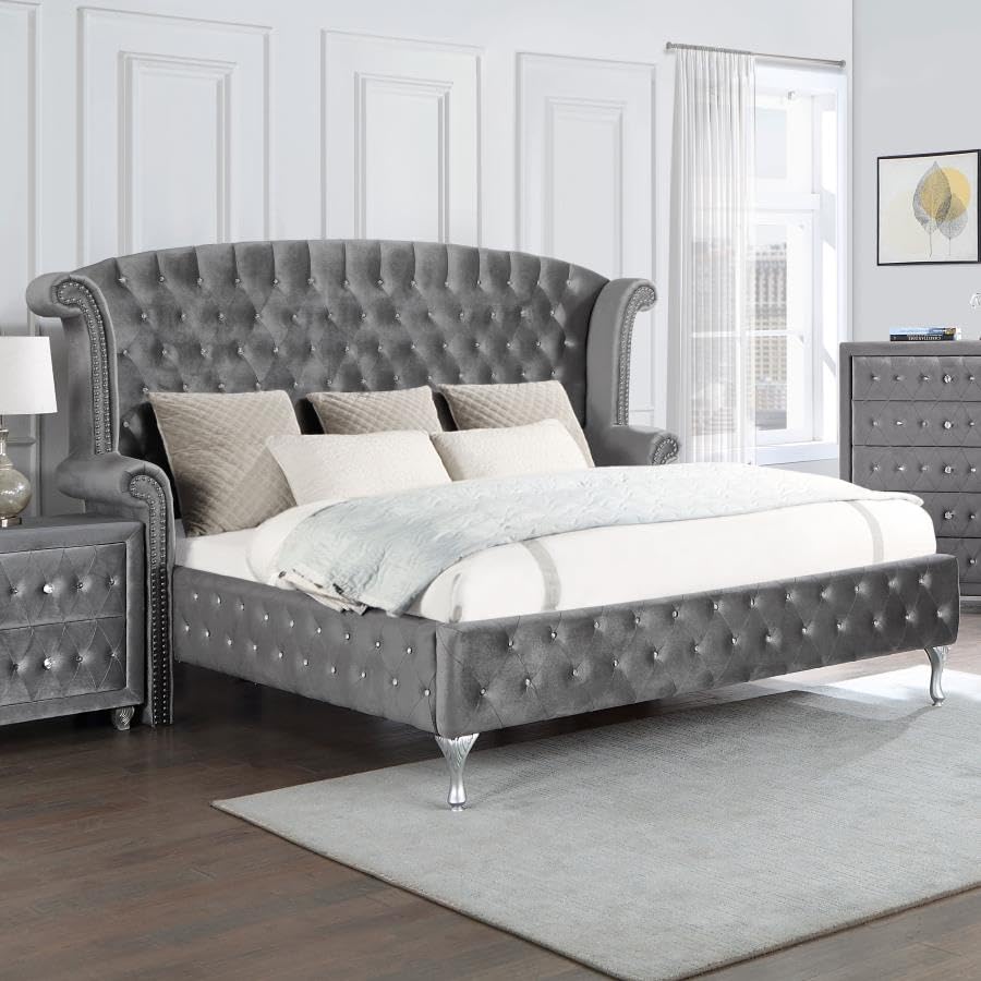 Grey Tufted Upholstered Eastern King Bed E494502