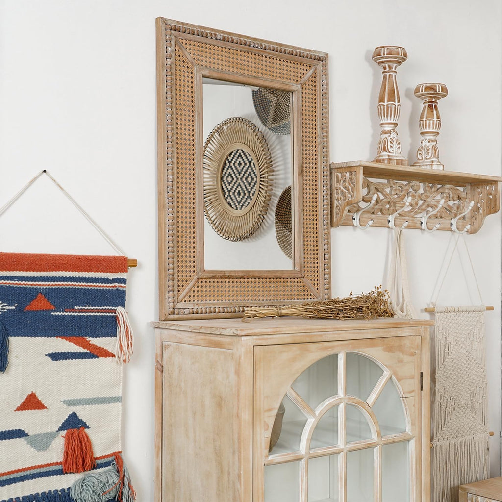 Boho Rattan Wall Mirror Wooden Framed Rectangle Mirror 24.21" x 1.18" x 32.28" N6858