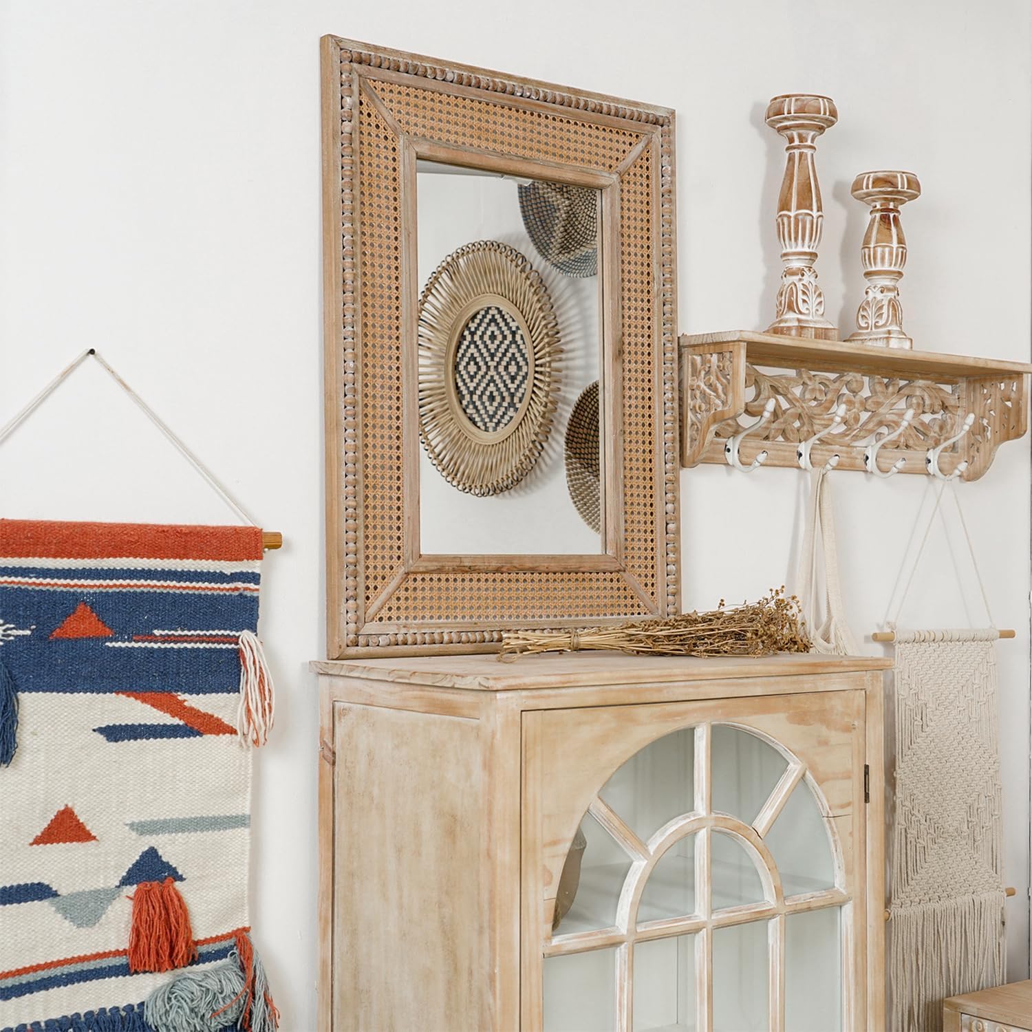 Boho Rattan Wall Mirror Wooden Framed Rectangle Mirror 24.21" x 1.18" x 32.28" N6858