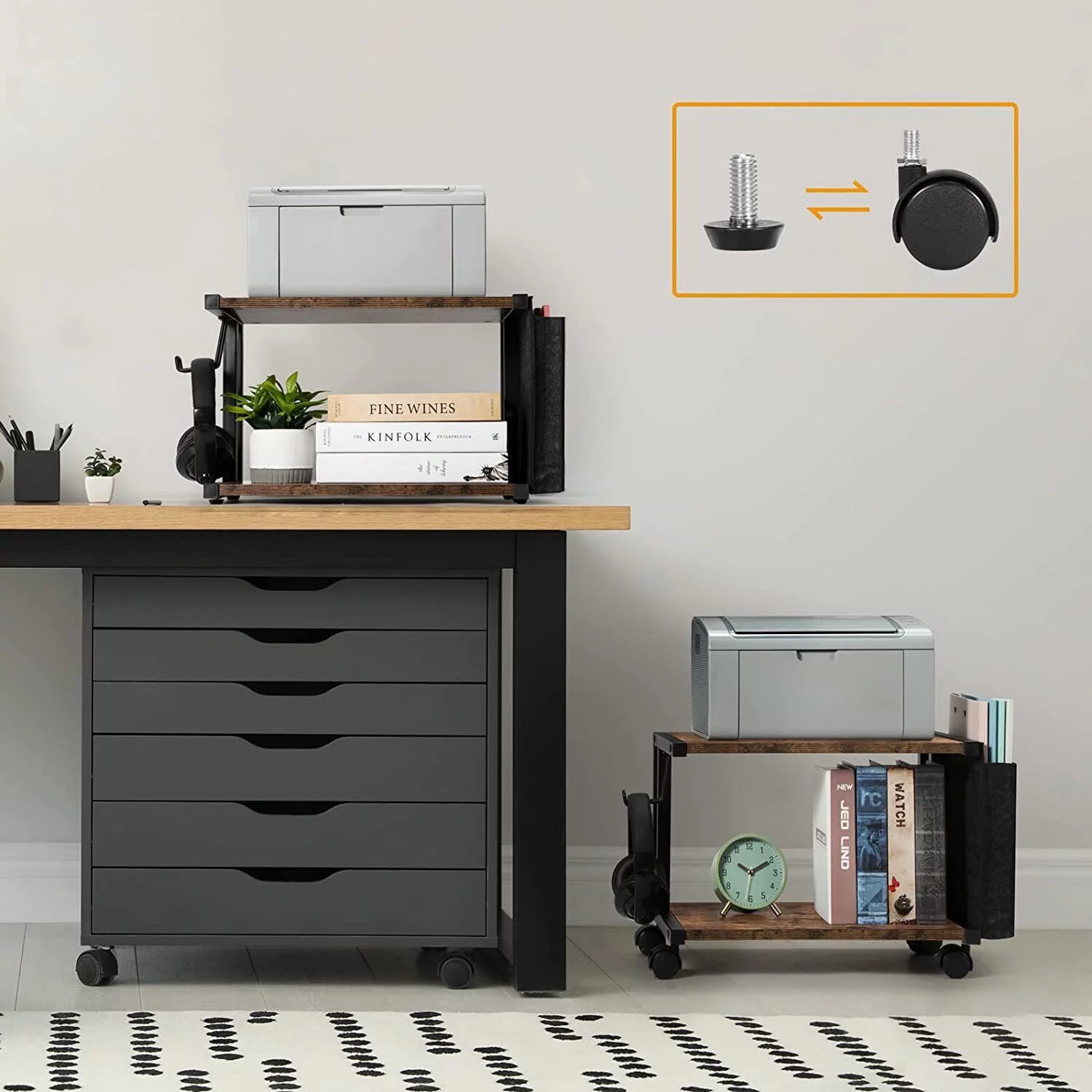 2-Tier Mobile Printer Stand Shelf with Storage Under Desk Printer Cart U47882