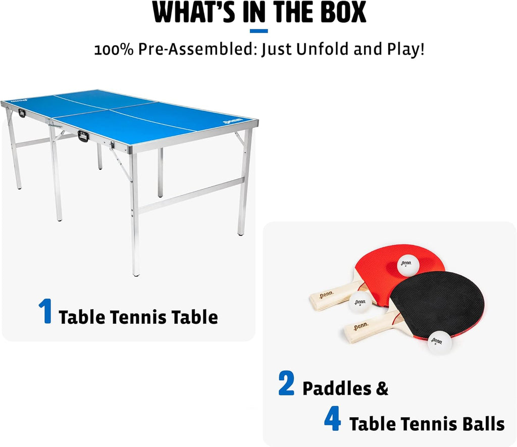 Fully Assembled 6 Foot x 3 Foot Portable Table Tennis Table with Net, 2 Ping Pong Paddles and 4 Balls M8487