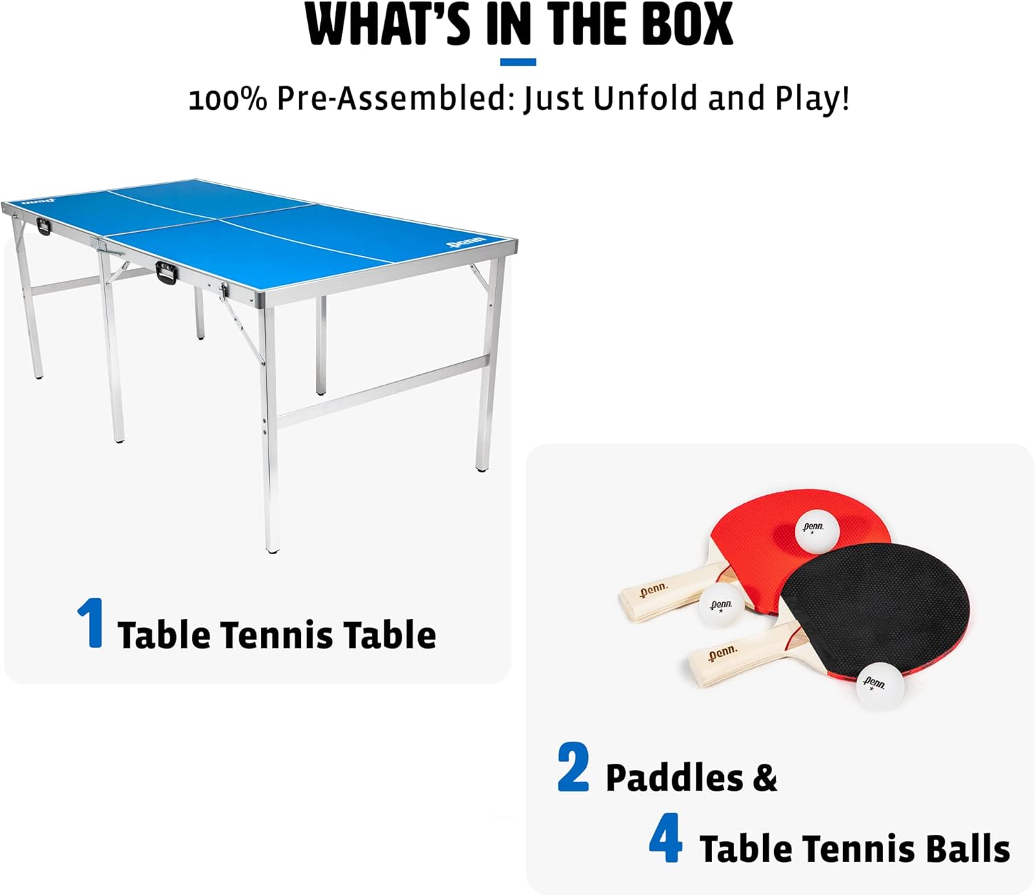 Fully Assembled 6 Foot x 3 Foot Portable Table Tennis Table with Net, 2 Ping Pong Paddles and 4 Balls M8487