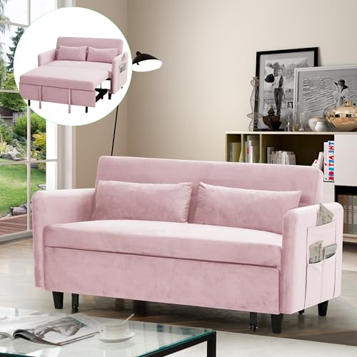 Pink Velvet Sleeper Sofa Couch Bed with Two Pillows Q18078