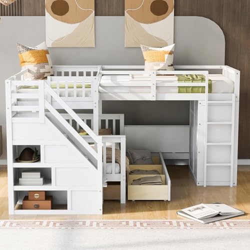 Twin-Twin Over Full Triple Bunk Bed with Storage Stairs, Wardrobe and Desk, Solid Wood L-Shaped 3 Bunk Bed with Ladder, Shelves, Headboard, Guardrail (Grey) H7213